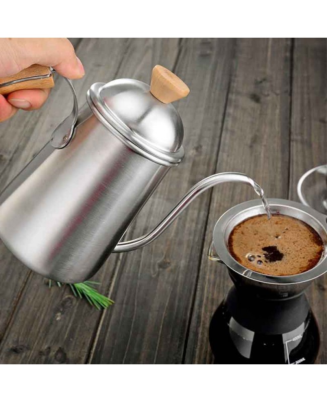 Coffeesmaster Pour Over Coffee Drip Kettle Gooseneck with Wood Handle for Home Brewing, Camping and Traveling(650ml,silver)
