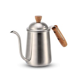 Coffeesmaster Pour Over Coffee Drip Kettle Gooseneck with Wood Handle for Home Brewing, Camping and Traveling(650ml,silver)