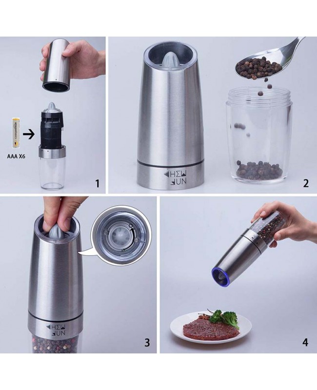 Gravity Electric Salt/Pepper Silver Grinder - Automatic Battery Powered - LED Light