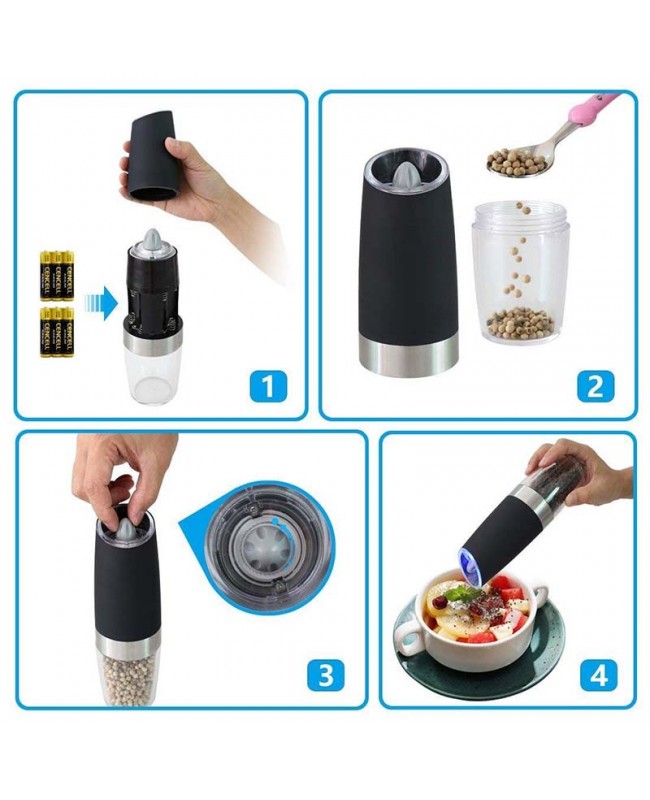 Gravity Electric Salt and Pepper Grinder - Automatic Battery Powered - Adjustable - Blue LED Light
