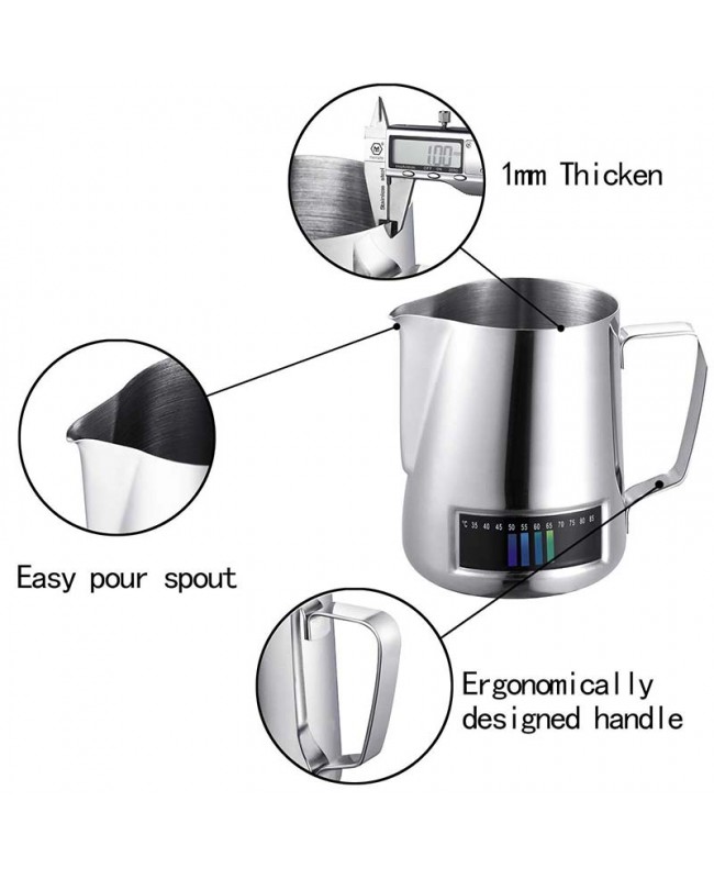 Coffeesmaster Milk Frothing Pitcher - Stainless Steel Creamer Jug- With Integrated Thermometer